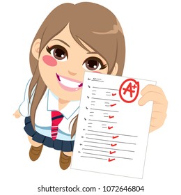 Close up top view of teenager student girl showing perfect A plus test exam result