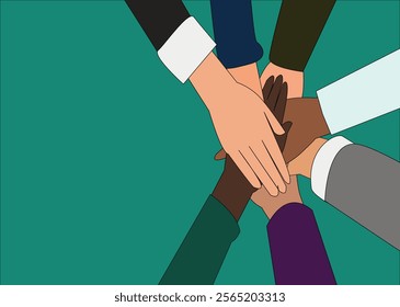 Close up top view of young business people putting their hands together vector. Stack of hands. Unity and teamwork concept.