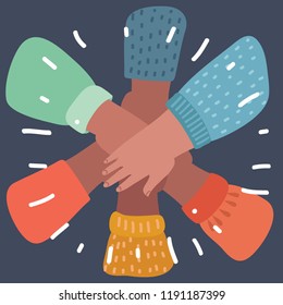 Close up top view of young people putting their hands together standing in circle. Stack of hands. Unity and teamwork concept. Object on dark background.