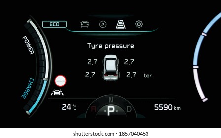 Close Up Of TPMS (Tire Pressure Monitoring System) Monitoring Display On Modern Car Dashboard Panel In Full Electric Vehicle (EV). Pressure Measurement In Bar. Right Tyre Pressure.