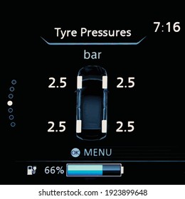 Close up of TPMS (Tire Pressure Monitoring System) display on modern car dashboard panel in full electric vehicle EV. The right pressure measurement given in bar. 