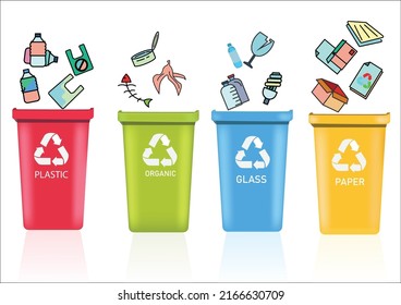 Close up  trash fail to the recycling bin.Pollution problem,Environment,save world.Vector Care recycling management and save world design.