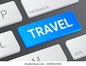 Close Up Travel Button on Laptop or Computer Keyboard for Trip Planning, Tourism, Vacation Booking and Adventure Exploration 3D Illustration