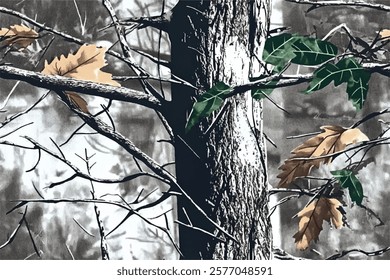 close up of tree branches in the woods, camouflage print camo wallpaper with green and brown leaves, grey background