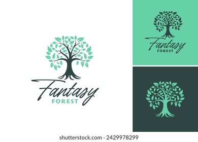 Close up of a tree with leaves and the Fantasy Forest text. Perfect for nature-themed designs, book covers, or fantasy illustrations.