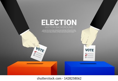 close up two businessman hand put his vote to the red and blue election box. concept for election vote theme background.