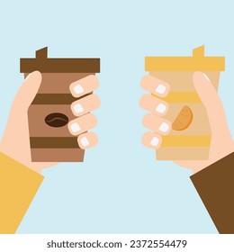 Close up of two hand holding cup of coffee and cheering. Colourful Vector Illustration.