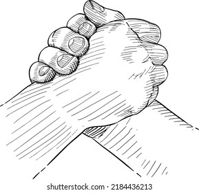 Close up of two hands holding each other strongly. Black and white vector illustration on white background