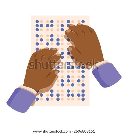 Close up of two hands reading braille alphabet on paper, concept of visually impaired people using tactile writing system