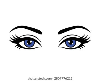 Close up of two vibrant blue eyes, framed by thick black eyelashes and well-defined eyebrows, creating a striking and alluring gaze against a white background.