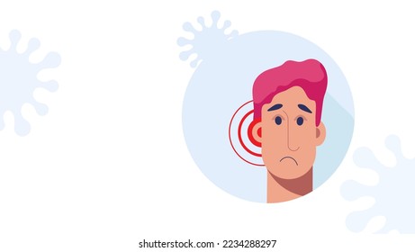 Close up of unhealthy sad man with ear pain. Tinnitus, otitis, or infections concept. Medical checkup and test of hearing organs. Deafness symbol on white background isolated. Vector illustration