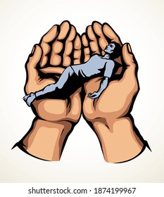 Close up unwell ill sad victim male young teen boy child body believ plead devote arm. Holy Lord bless belief aid catch down safety relax rest drawn guy show line art cartoon bible sketch vector style