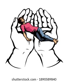 Close up unwell ill sad victim male young teen boy child body believ plead devote arm. Holy Lord bless belief aid catch down safety relax rest drawn guy show line art cartoon bible sketch vector style