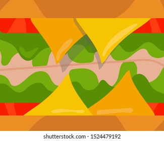 Close up: Beef or pork ham and cheese sandwiches with tomato and vegetable background, idea for your design about food. Cartoon vector design