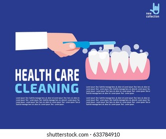 Close up. Brushing Teeth. Dental care concept. Toothbrush hold in hand man.Toothpaste bubbles foam. Oral hygiene.Vector flat cartoon design illustration.Isolated on background.