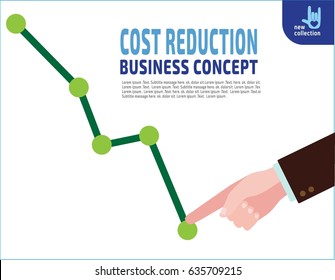 Close up. Businessman with his hand lowers the arrow of the graph.
Cost reduction concept. Cost down.
Decrease down profit. Declining chart.
Vector flat cartoon design illustration. Isolated