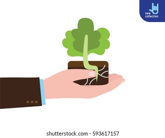 Close up. Businessman holding a green sprout in hand.
Concept of Planting sapling. Care and Environmental development
Vector flat cartoon design illustration.
Isolated on white background.
