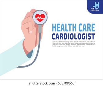 Feche. Cardiologista médico estetoscópio segurar na mão.
Símbolo de batimento cardíaco vermelho com linha de vida. Cardiologia.
Conceito de saúde médica.
Ilustração de desenho animado plano Vector.
Isolado no fundo.