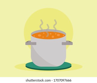 Close up: Curry soup in hot pot for your meal. Cartoon vector style for your design.