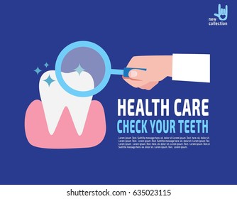 Close up. doctor Magnifying glass hold in hand.
Dentist check tooth. caries. tooth decay.
Medical healthcare concept.
Vector flat cartoon design illustration.
Isolated on background.