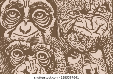 Close -up eyes of baboon, muzzle of monkey vintage illustration