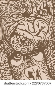 Close -up eyes of baboon, muzzle of monkey vintage illustration