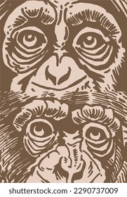 Close -up eyes of baboon, muzzle of monkey vintage illustration