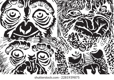 Close -up eyes of baboons, muzzles of monkeys abstract illustration