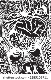 Close -up eyes of baboons, muzzles of monkeys abstract illustration