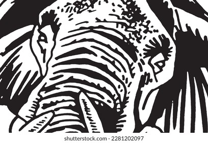 Close -up eyes of elephant, muzzle of monkey abstract illustration