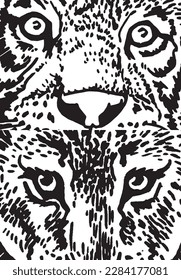 Close -up eyes of tigers, muzzles of angry tiger abstract illustration 