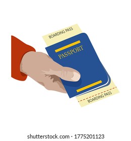 Cierra. hombre con la mano en la mano el pasaporte y el vuelo de boletos. Símbolo de viaje y turismo. Aislado sobre fondo blanco.