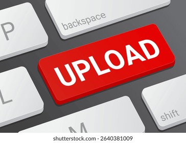Close Up Upload Button on Laptop or Computer Keyboard for File Transfer, Data Sharing, Cloud Storage, and 3D Technology Interface Illustration