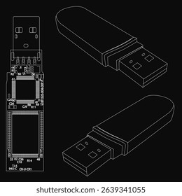 A close up of a USB flash drive with a black background. The flash drive is shown in three different views, with the top view showing the USB port and the bottom view showing the internal components