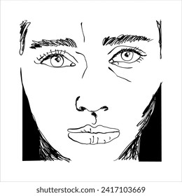 Cierra la ilustración vectorial de la expresión facial de la mujer hermosa frunciendo el ceño, estilo de dibujo, blanco y negro