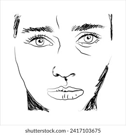 Close up vector illustration of beautiful woman's facial expression frowning, sketch style, black and white