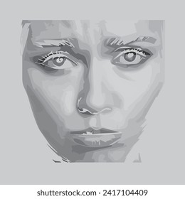 Close up vector illustration of beautiful woman's facial expression frowning, colored