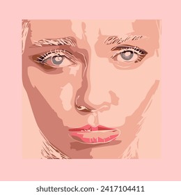 Close up vector illustration of beautiful woman's facial expression frowning, colored