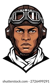 Close up vector illustration of determined black pilot historical aviator wearing retro flying cap goggles scarf heroic face confident expression