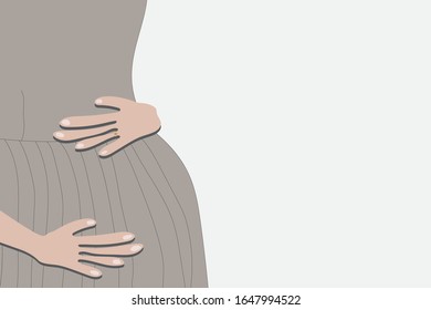Close Up vector illustration of pregnant woman in grey dress isolated on light background. Future mother hugs her belly - vector illustration. Belly of a pregnant woman with hands over tummy.