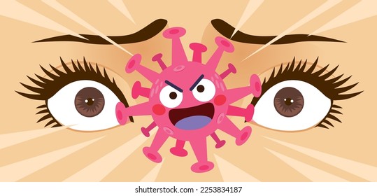 Close up vector illustration of woman eyes surprised and scared finding covid19 virus character