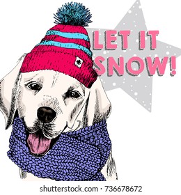 Close up vector portrait of Labrador retriever dog wearing beanie and scarf. Ski mode mood. Sketched colored illustration. Christmas, Xmas, New year. Party decoration, promotion, greeting card.