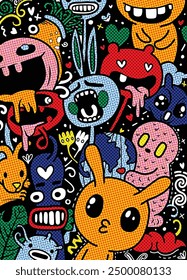 A close up of vibrant cartoon monster characters featuring a halftone pop art style, with expressive and playful designs. Concept of imaginative fun.
