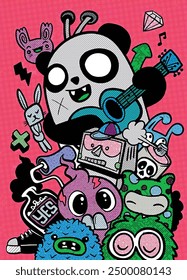 A close up of vibrant cartoon monster characters featuring a halftone pop art style, with expressive and playful designs. Concept of imaginative fun.
