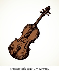 Close up view aged wood bout stick audio artwork object. Light white paper text space backdrop. Outline black ink pen hand drawn guitar etude emblem pictogram design. Artist doodle engrave print style