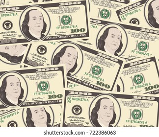 Close up view of American hundred dollar bills. Money background for your business concept. Suitable for wallpaper, backdrop, as element of design. Vector illustration of USA currency. Horizontal.