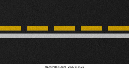 Close up view of asphalt road with yellow and white lines. Clear markings create a distinct road texture, ideal for transportation themed designs or backgrounds. Vector illustration