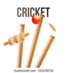 Close view of ball hitting wicket stumps illustration for cricket tournament template design.