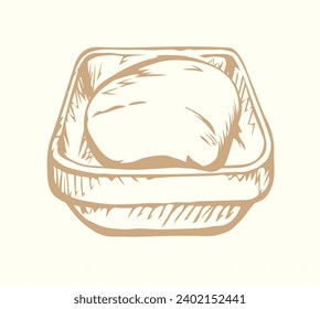 Close up view big curve square fresh aroma cup tub box set light paper text space backdrop. Black color outline ink pen drawn simple abstract emblem pictogram old retro doodle pencil art design style