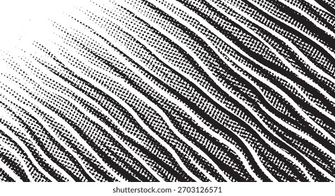 Vista de cerca de un patrón abstracto en blanco y negro con una serie de líneas diagonales onduladas que crean una superficie texturizada.